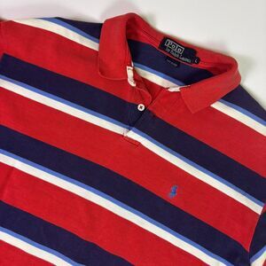 Vintage Polo Ralph Lauren Men's L Red Navy Stripe Preppy Polo Shirt Made in USA